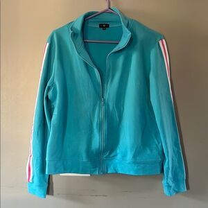 Teal Zip-Up Jacket with White and Pink Stripe down the arm.